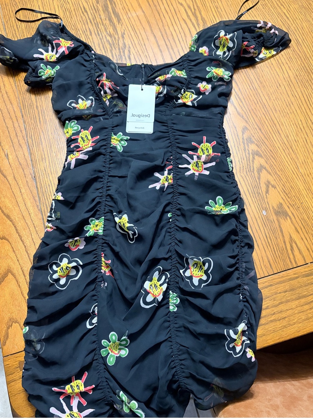 Desigual Black Mini Dress with Multicolor Floral Embroidery